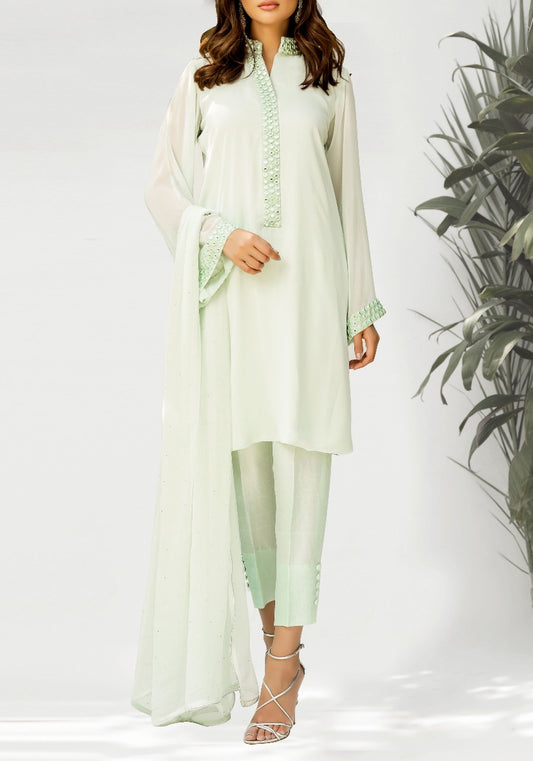 Yasmin-Peppermint Green mirror worked neckline and sleeves (two piece set)